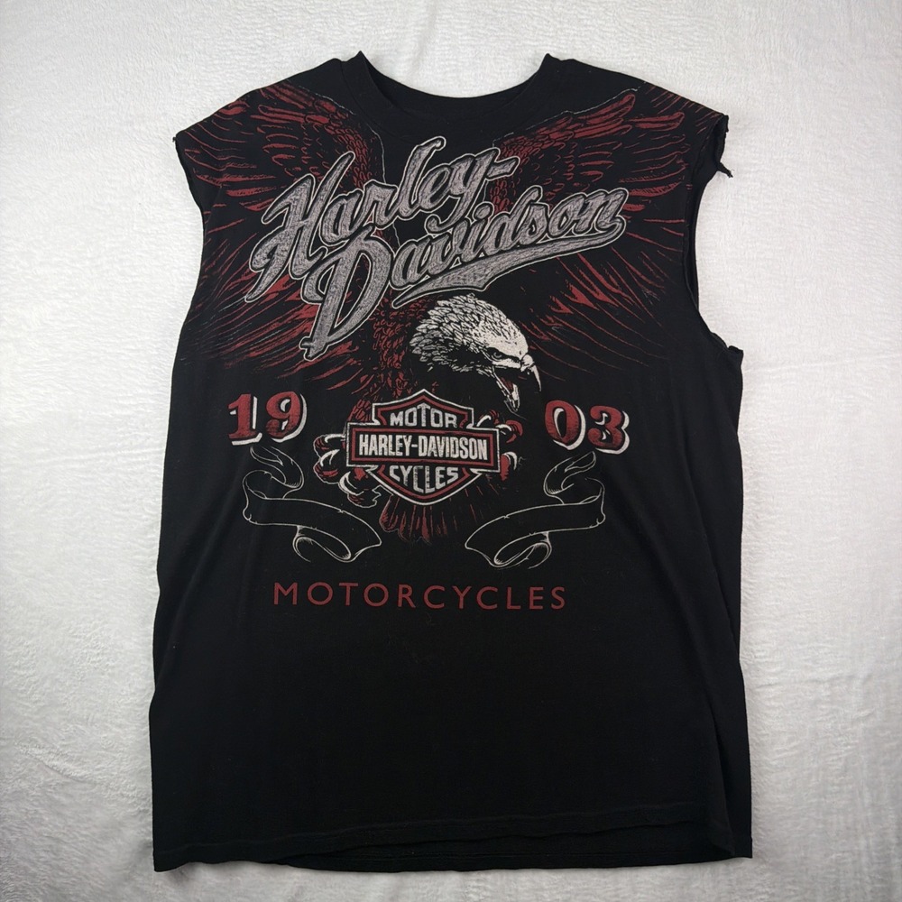 Men's Harley Davidson Red Black All Over Print Cut Off Eagle T Shirt Size XL